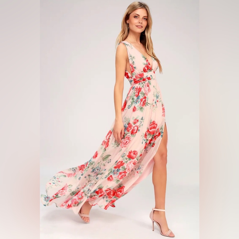 Lulu's Garden Meandering Blush Floral Slit Maxi Dress